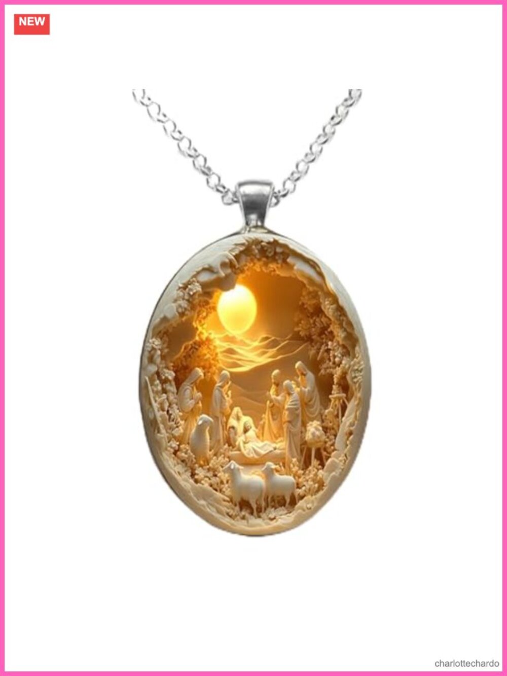 Nativity Scene Cameo Pendant Necklace Adjustable Religious Jewelry